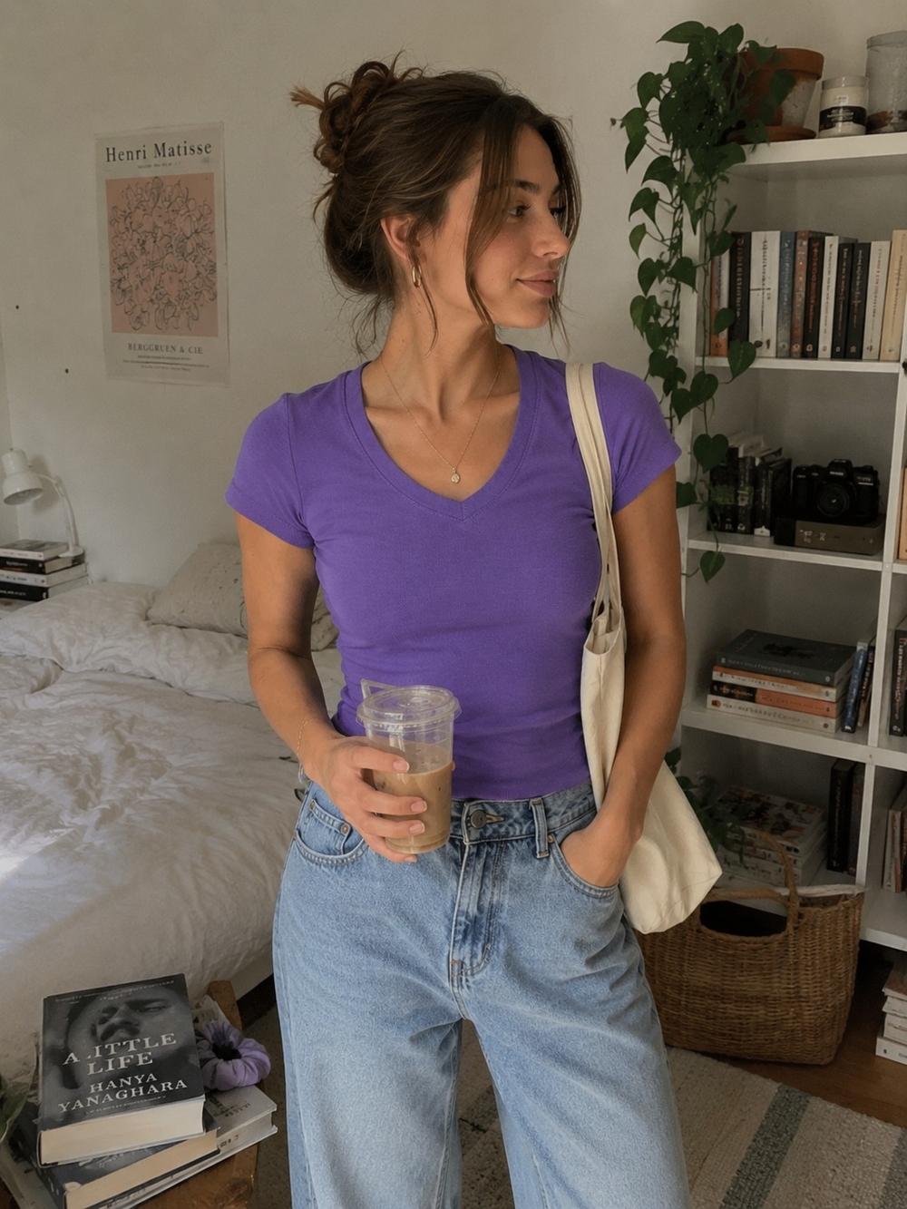 Delicates Purple Ribbed V Neck Tee XS Minimalist Clean Girl Casual Basic